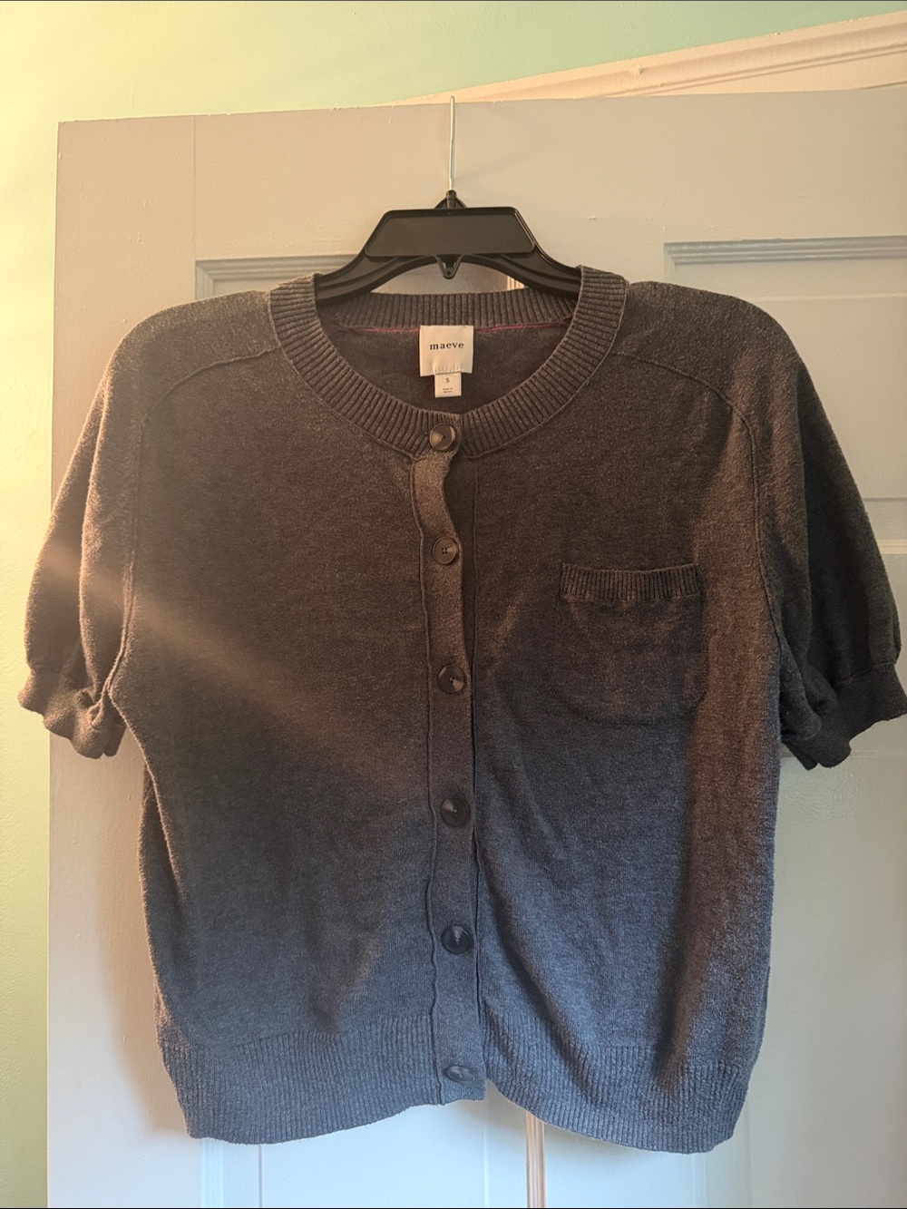 Maeve Charcoal Gray Short-Sleeve Button-Front Knit Top